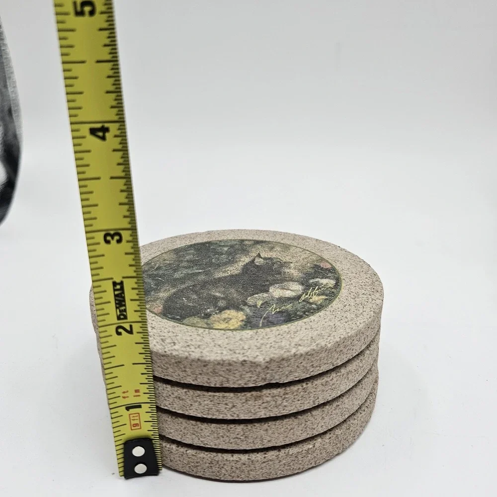 4 Vintage Cat Coasters Natural Sandstone Cork Back *heavy* Grandma Core